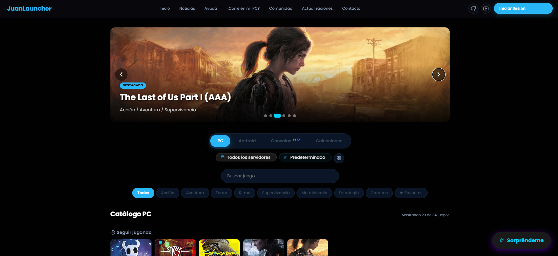 Captura de la interfaz de JuanLauncher, catálogo de juegos