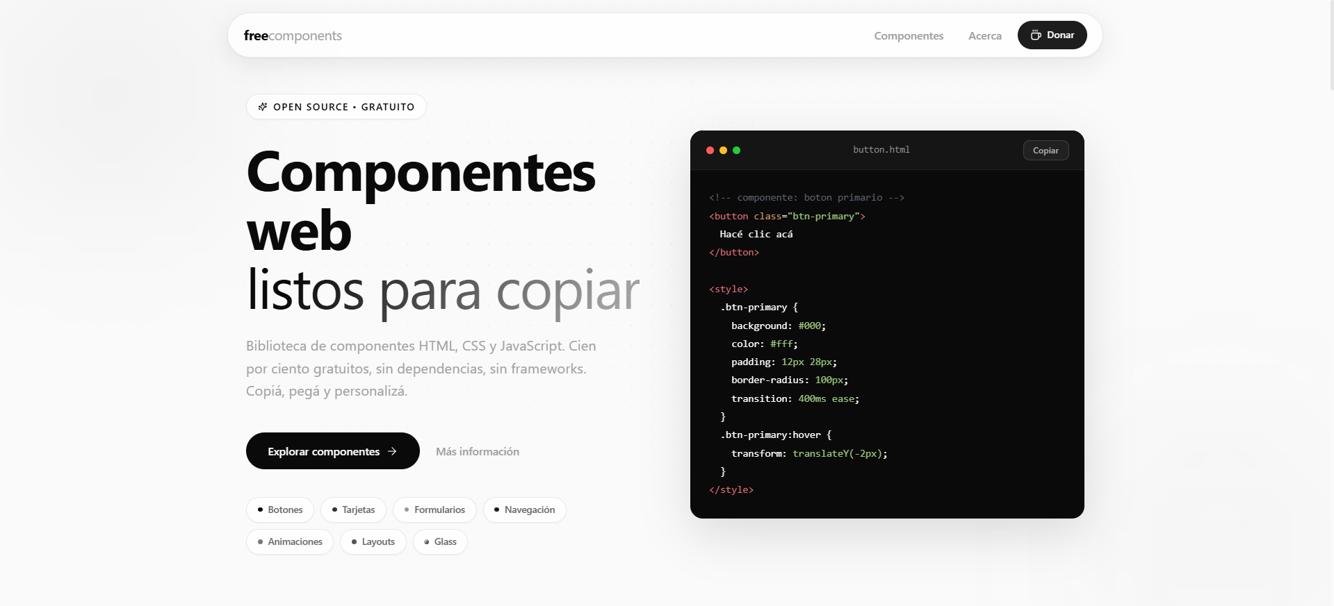 Captura de la interfaz de WebComponents, biblioteca de componentes